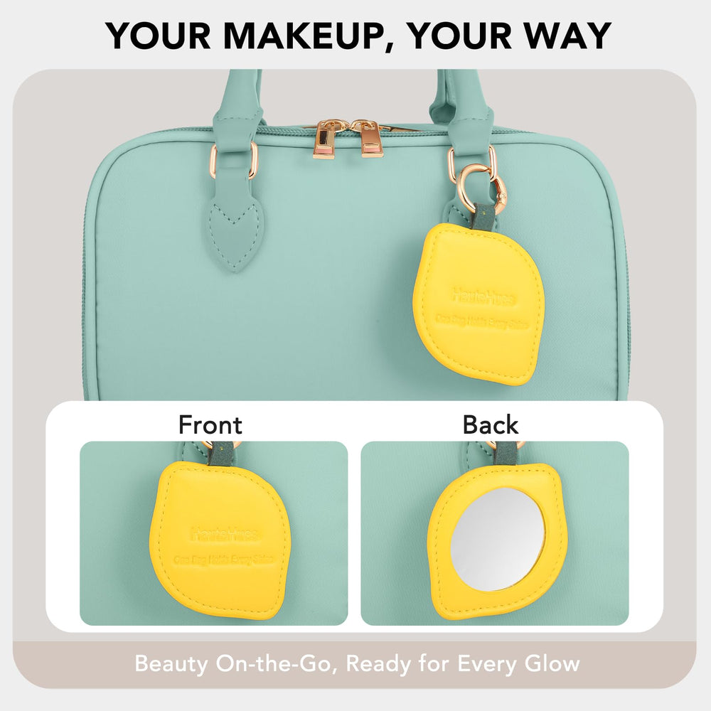 HauteHues blue bag shows stand-up brush holder for quick makeup routine boosts.