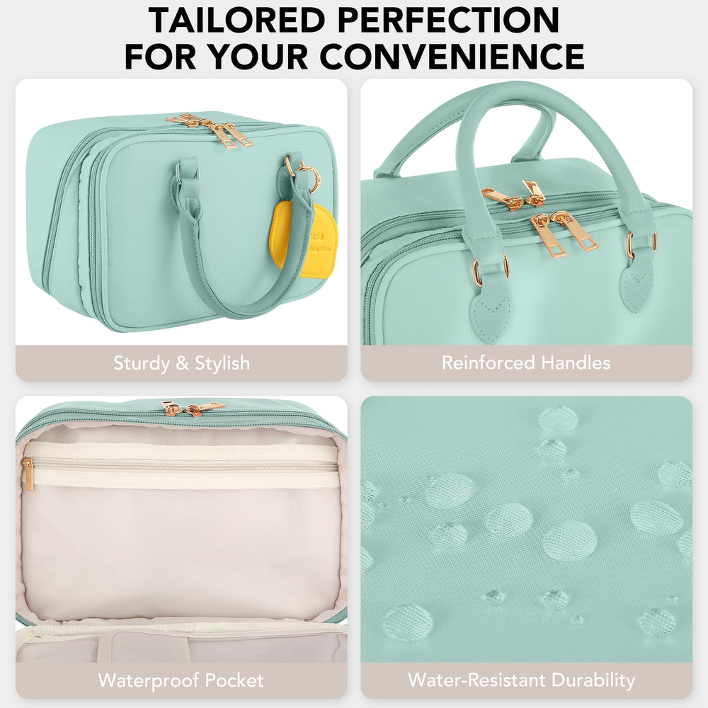 HauteHues blue travel case highlights premium nylon that cleans easily and resists leaks.