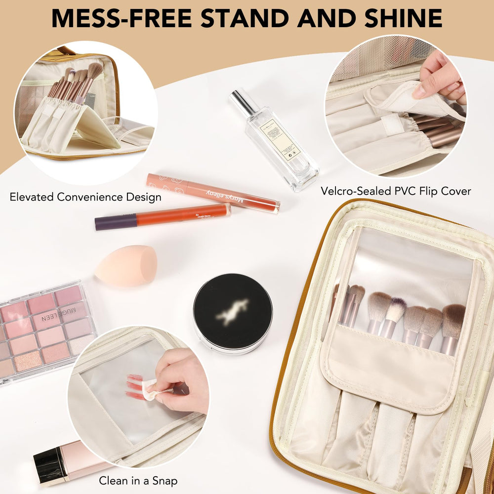 HauteHues makeup bag brush holder stands upright for quick brush access.
