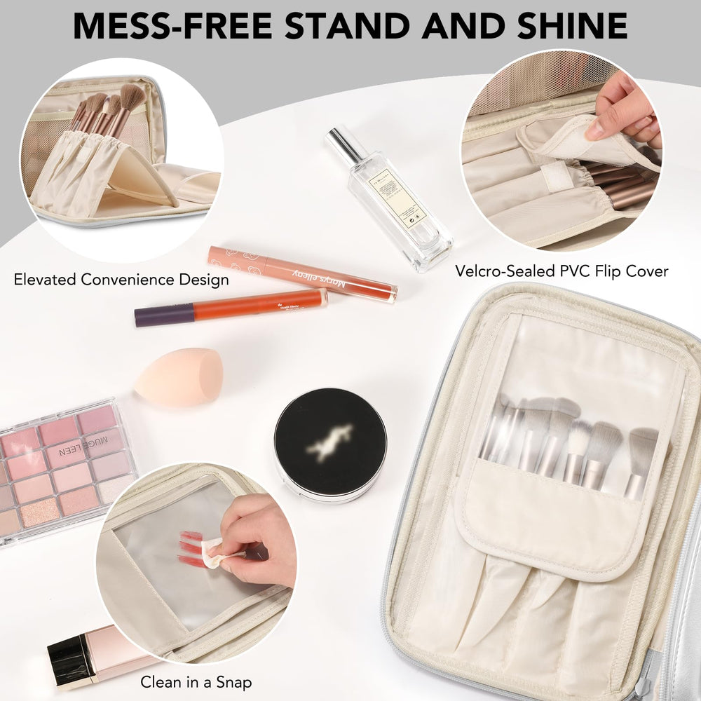 HauteHues makeup bag compartments keep cosmetics organized for quick selection.