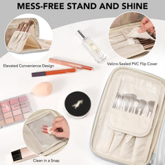 HauteHues makeup bag compartments keep cosmetics organized for quick selection.