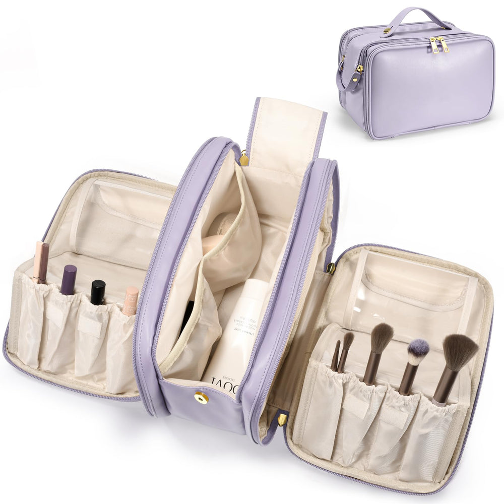 HauteHues travel makeup bag large opening view enabling quick access to cosmetics.