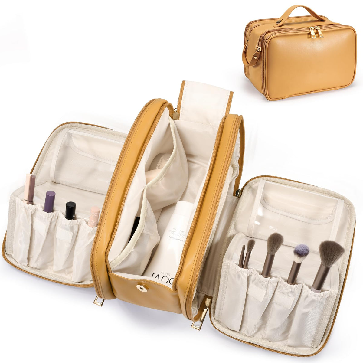 HauteHues travel makeup bag large opening enables easy access and organized cosmetics.