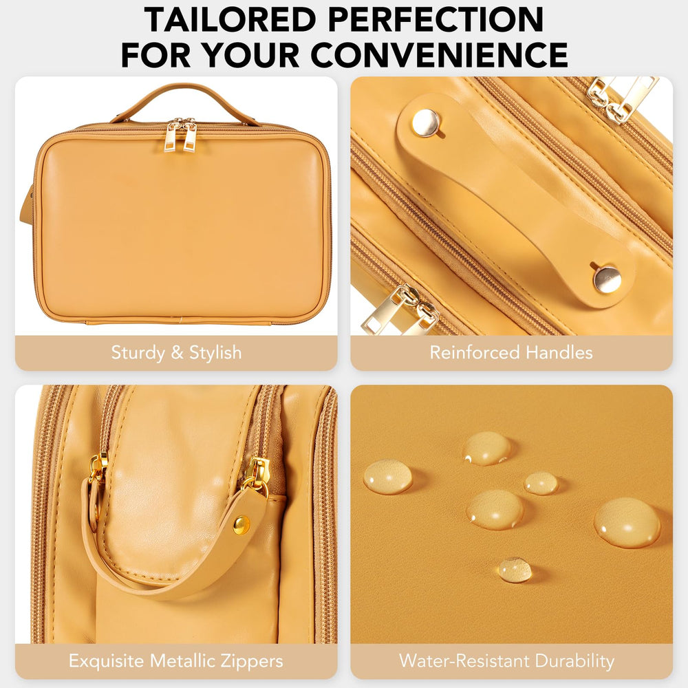 HauteHues orange makeup bag complements style while staying durable and easy to clean.