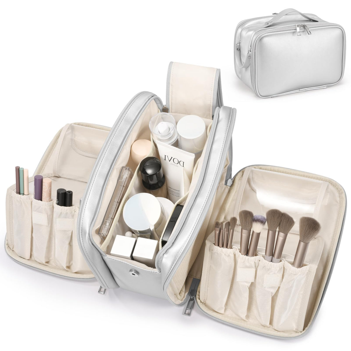 HauteHues travel makeup bag open view highlights large opening for easy access.