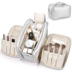 HauteHues travel makeup bag open view highlights large opening for easy access.