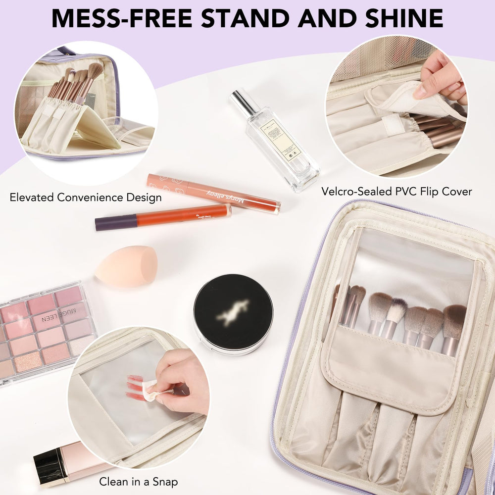 HauteHues travel makeup bag three-compartment layout keeps items organized.