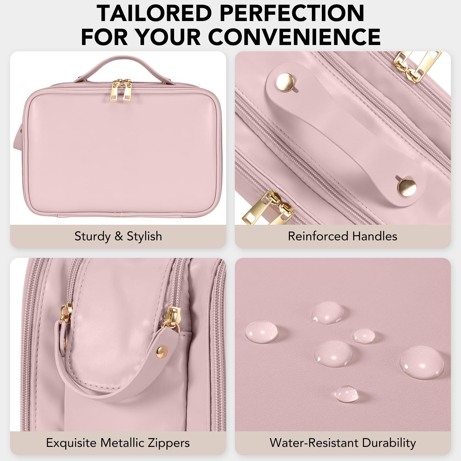 HauteHues Travel Makeup Bag vertical free-standing design fits any counter