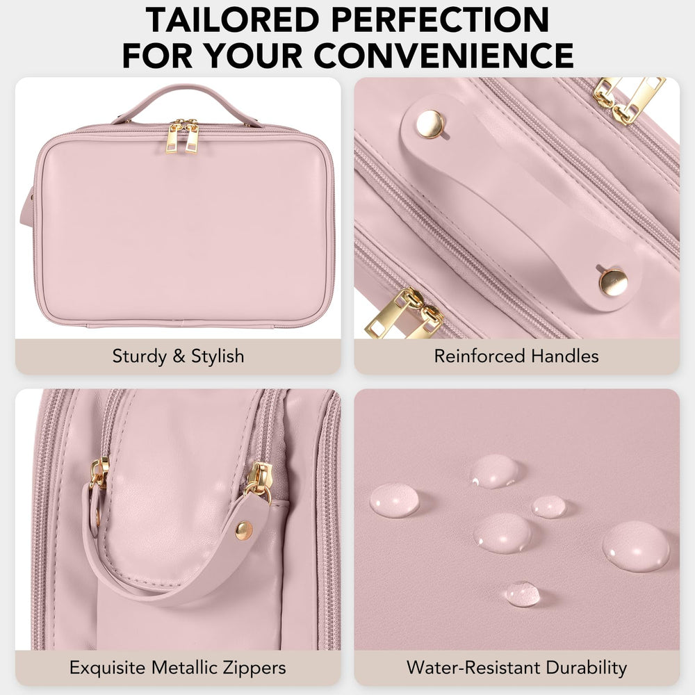HauteHues Travel Makeup Bag vertical free-standing design fits any counter