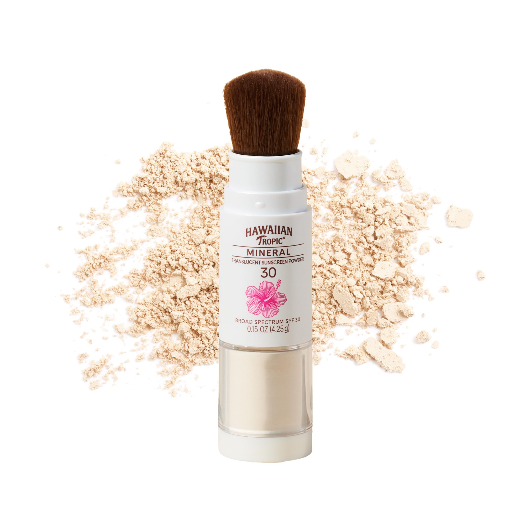 Hawaiian Tropic mineral sunscreen powder close-up showing translucent coverage.
