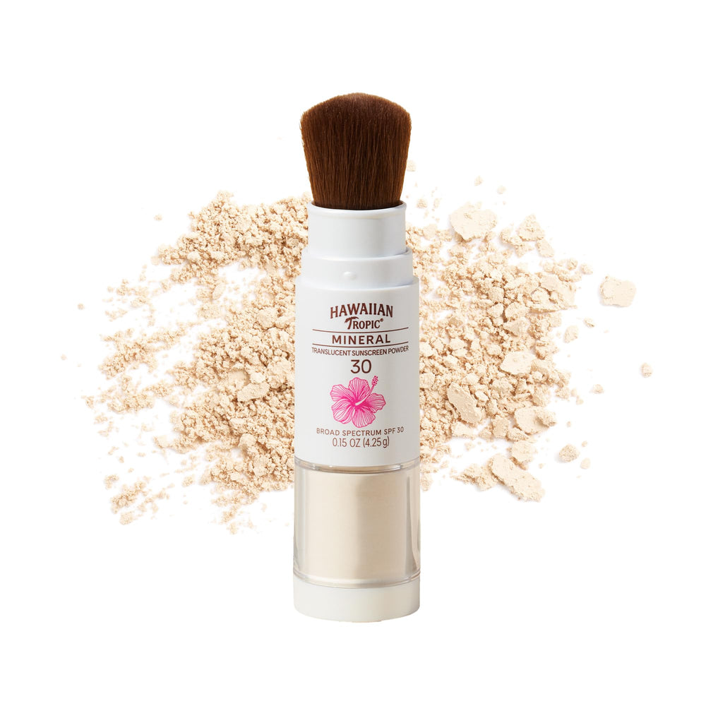 Hawaiian Tropic mineral sunscreen powder close-up showing translucent coverage.