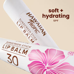 Hawaiian Tropic Tropical Lip Balm SPF30 packaging shows travel-size convenience for outdoors.