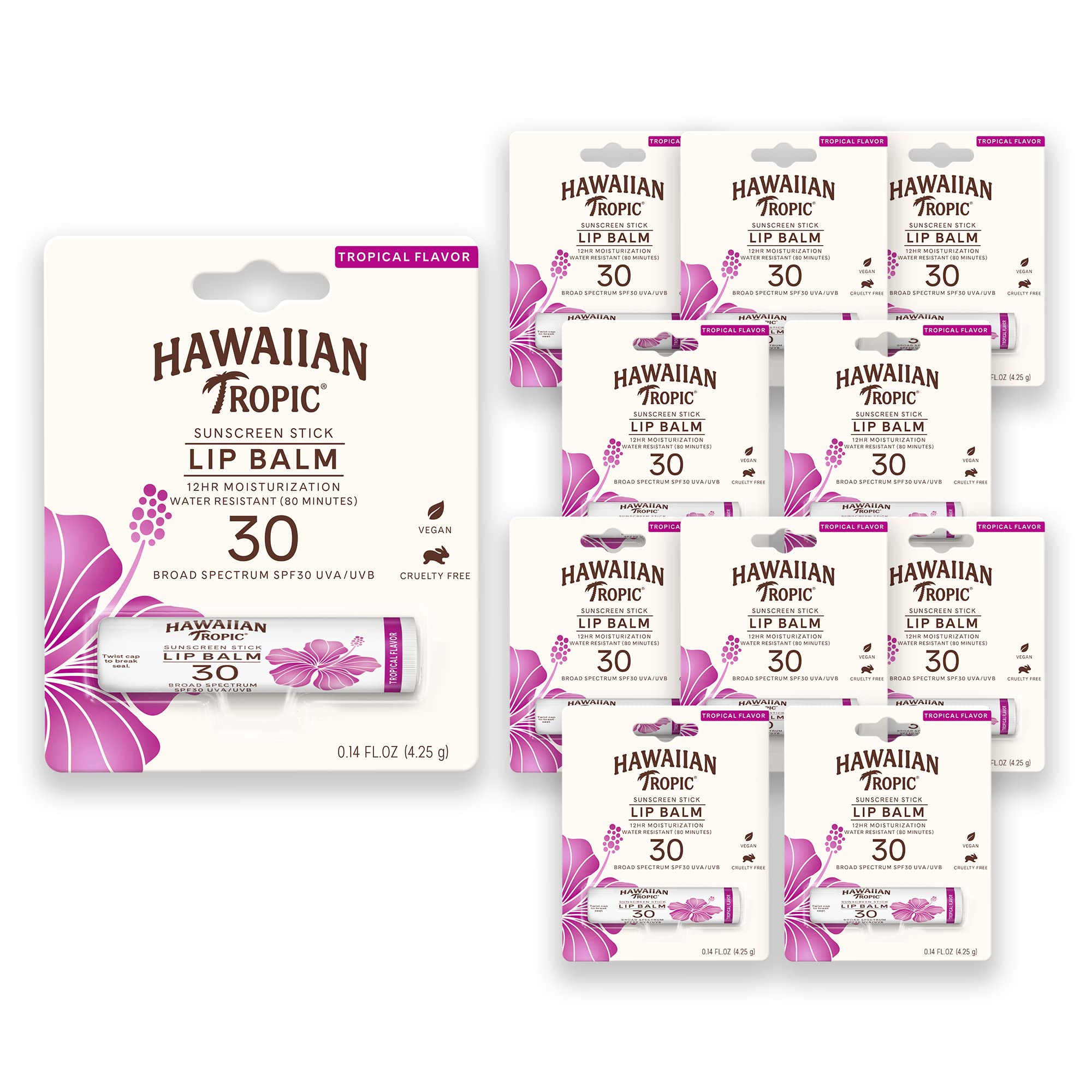 Hawaiian Tropic Tropical Lip Balm SPF30 tube highlights lip sun protection.