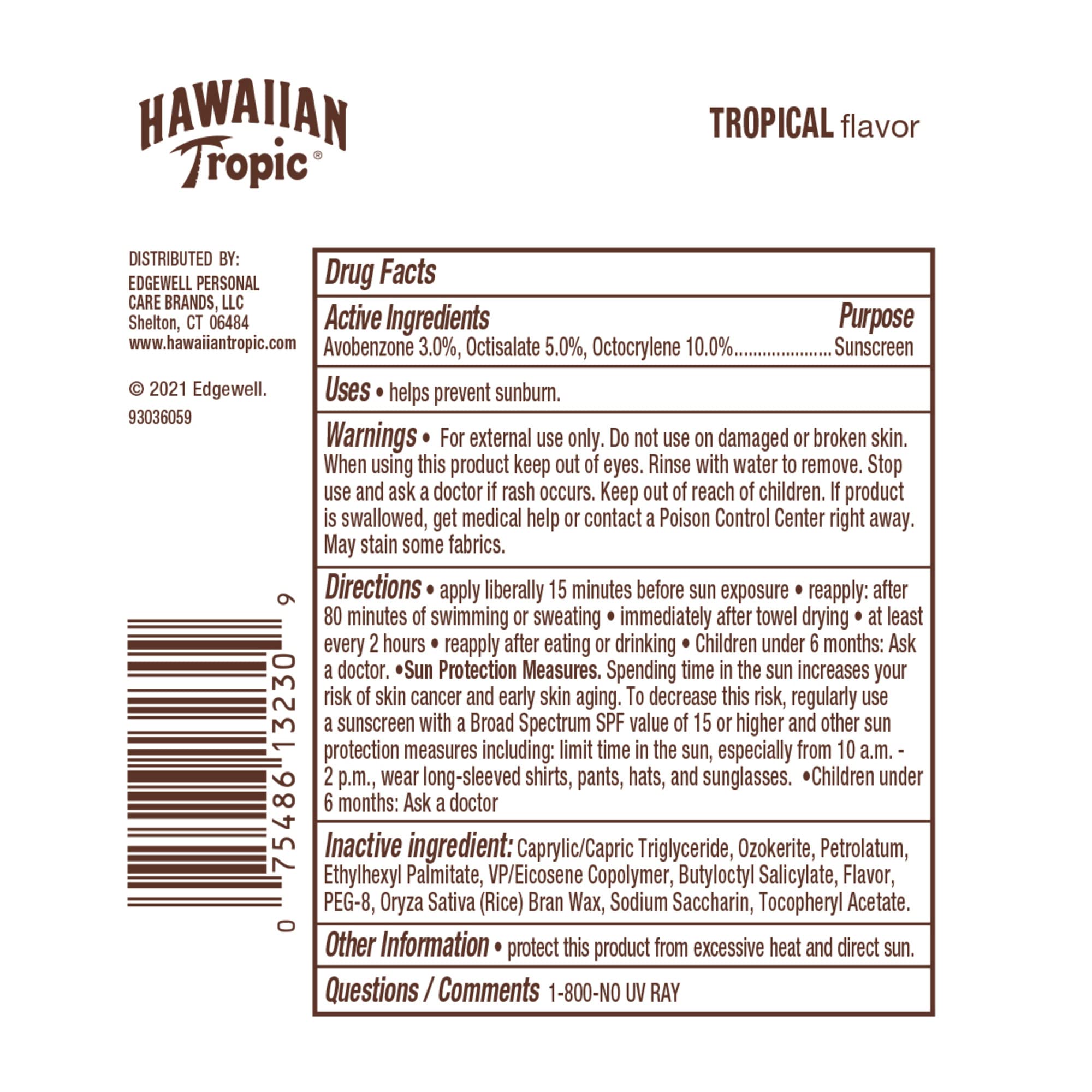 Hawaiian Tropic Tropical Lip Balm water-resistance up to 80 minutes on label.