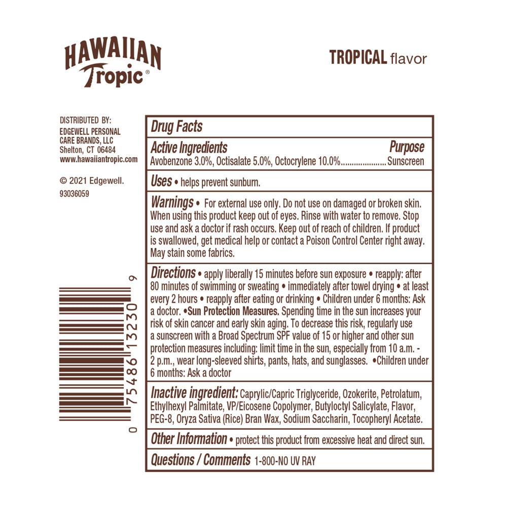 Hawaiian Tropic Tropical Lip Balm water-resistance up to 80 minutes on label.