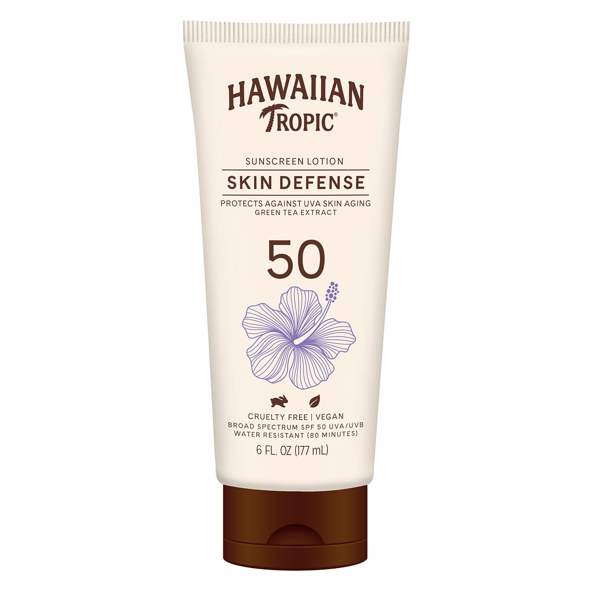 Hawaiian Tropic antioxidant sunscreen bottle SPF50 for daily outdoor protection.