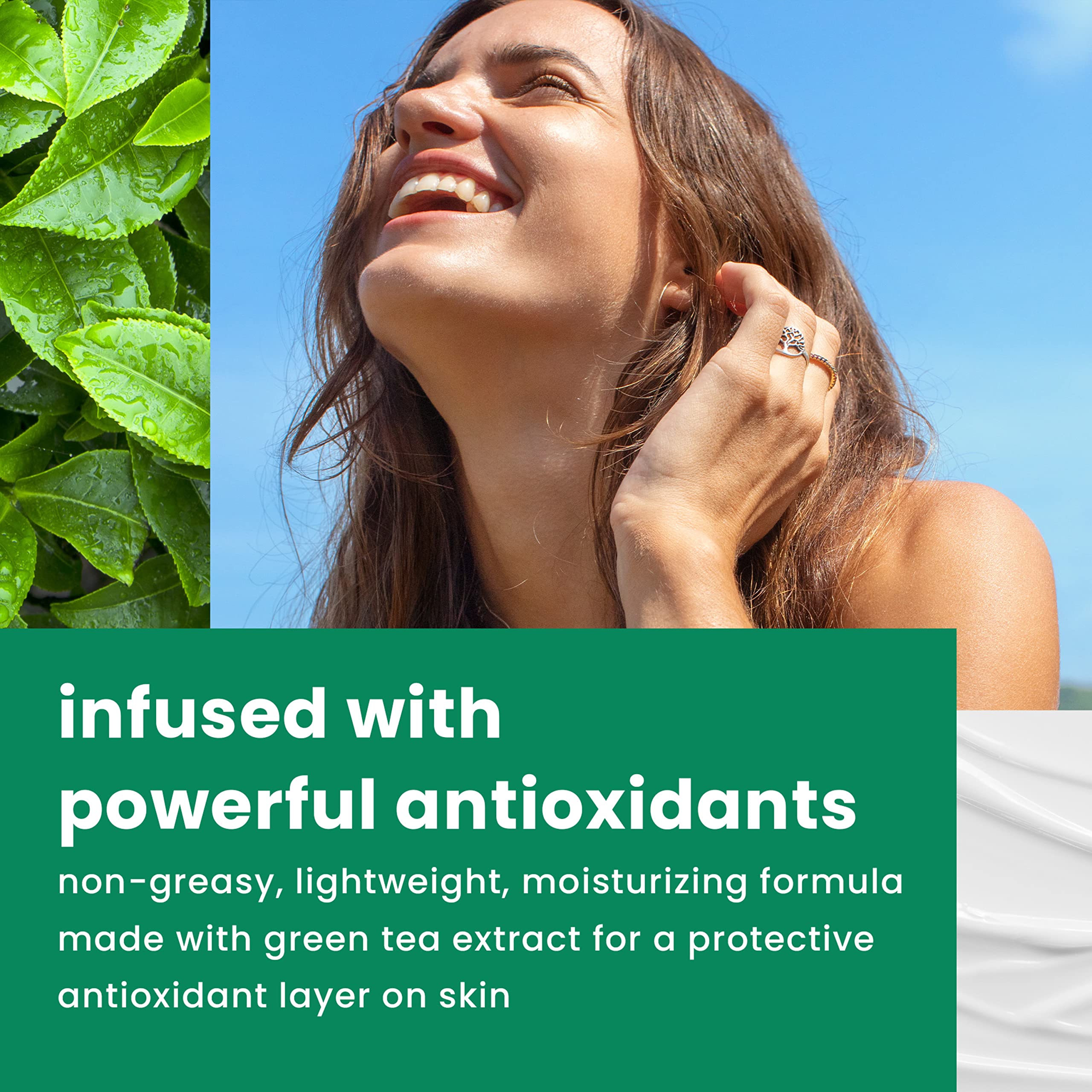 Hawaiian Tropic green tea extract illustrated as a protective antioxidant layer.