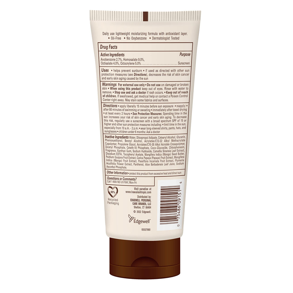 Hawaiian Tropic sunscreen lotion being squeezed from a pump for easy application.