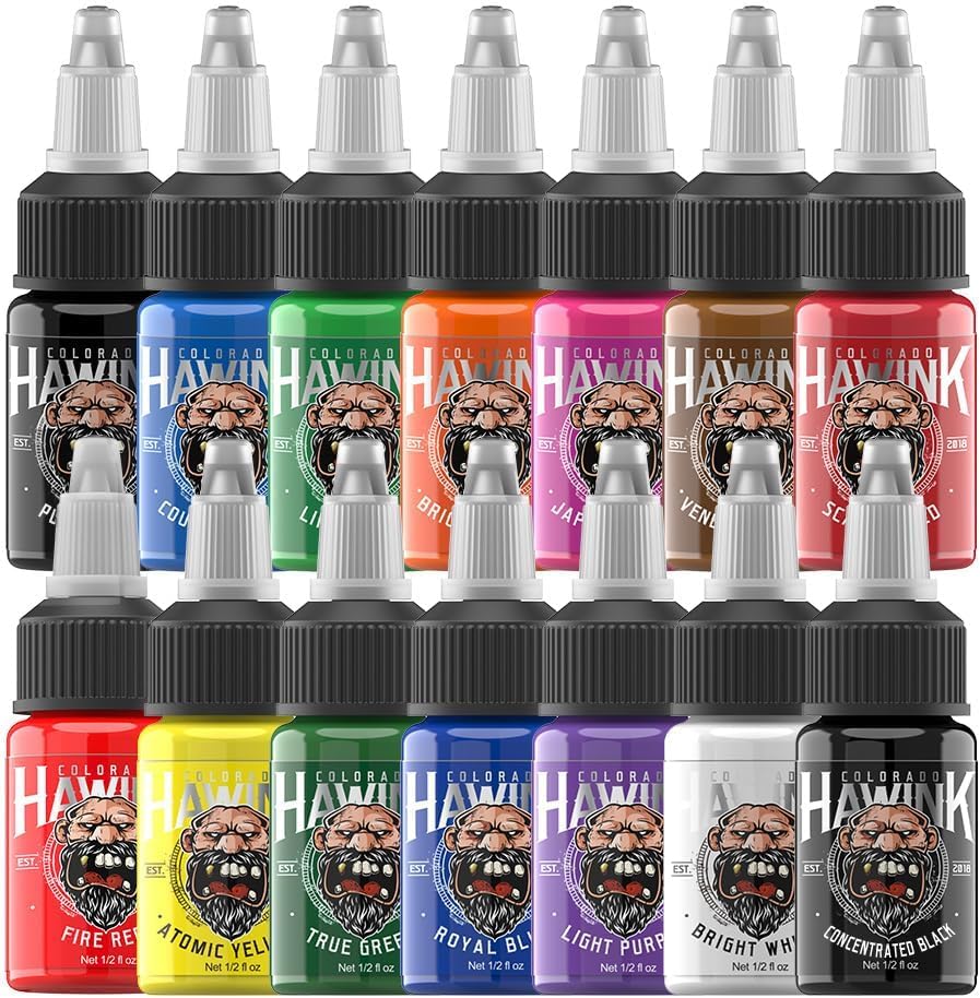HAWINK tattoo ink set with 14 color bottles delivering durable, vibrant pigment.