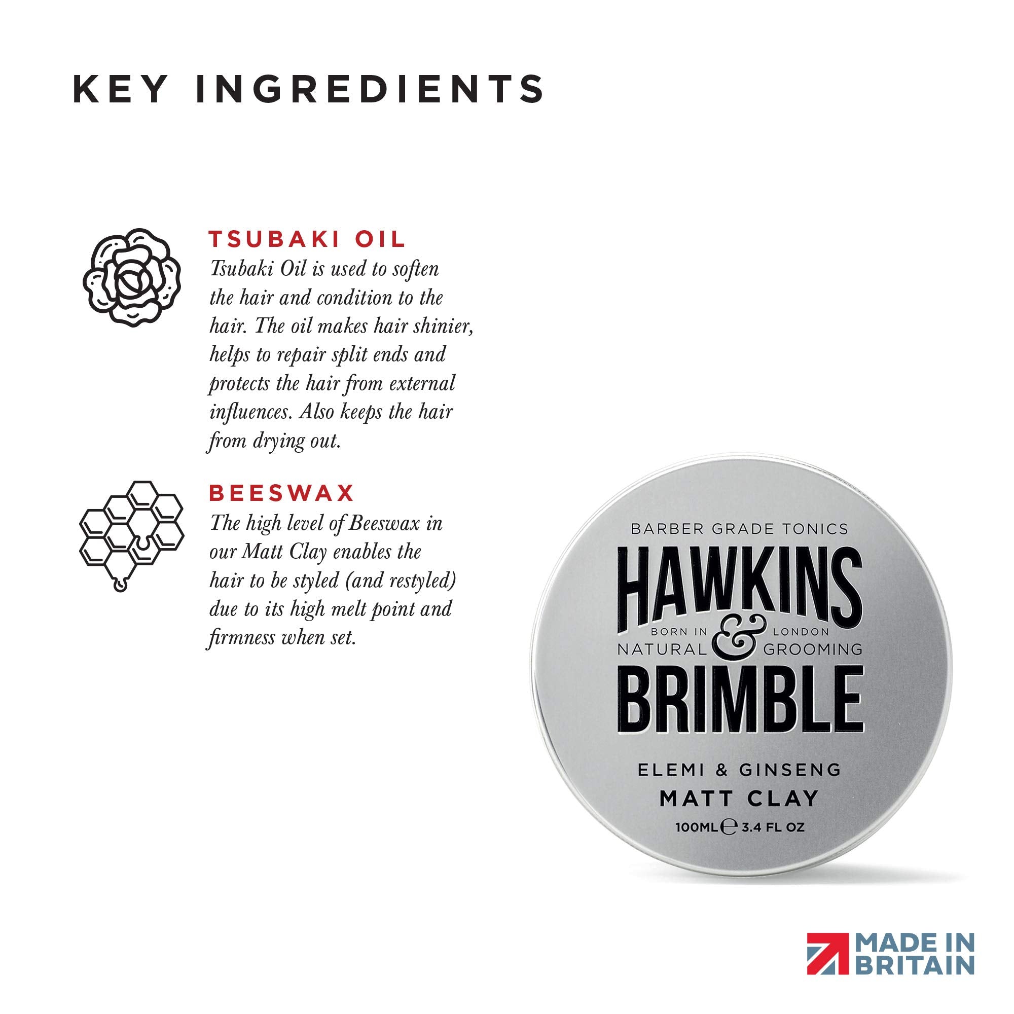 Hawkins & Brimble Matt Clay infused with elemi and ginseng for nourishment.