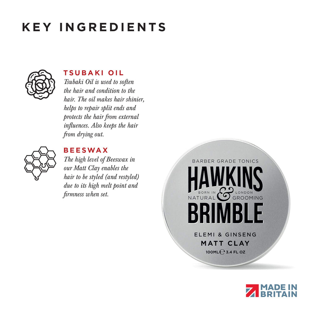 Hawkins & Brimble Matt Clay infused with elemi and ginseng for nourishment.