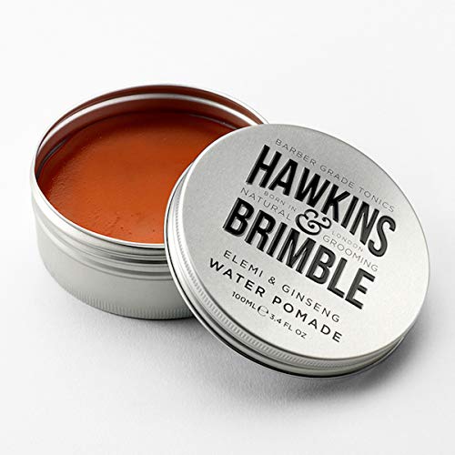 Hawkins & Brimble natural-shine pomade result shows glossy finish after styling.