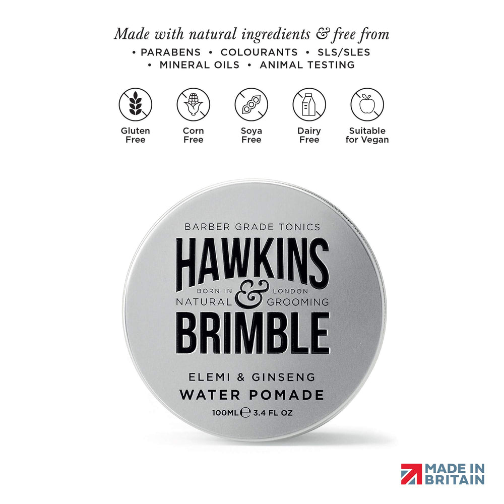 Hawkins & Brimble water pomade hair styling application shows medium to strong hold versatility.