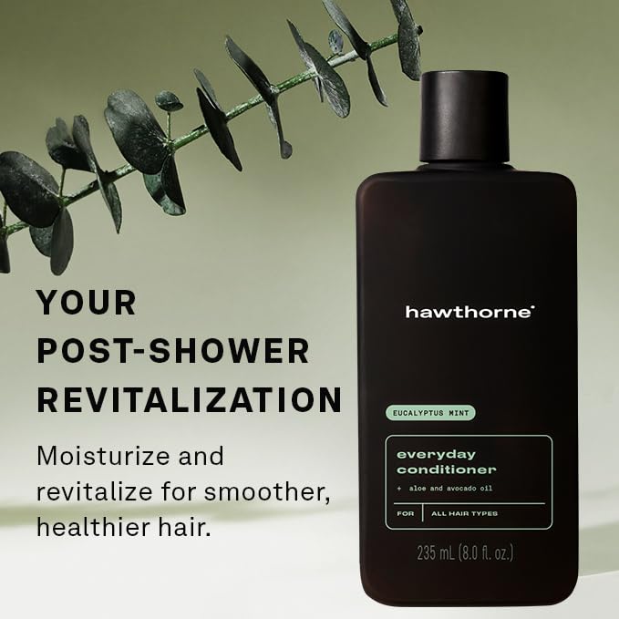 Hawthorne Everyday Conditioner bottle close-up reveals aloe and avocado ingredients for nourishment