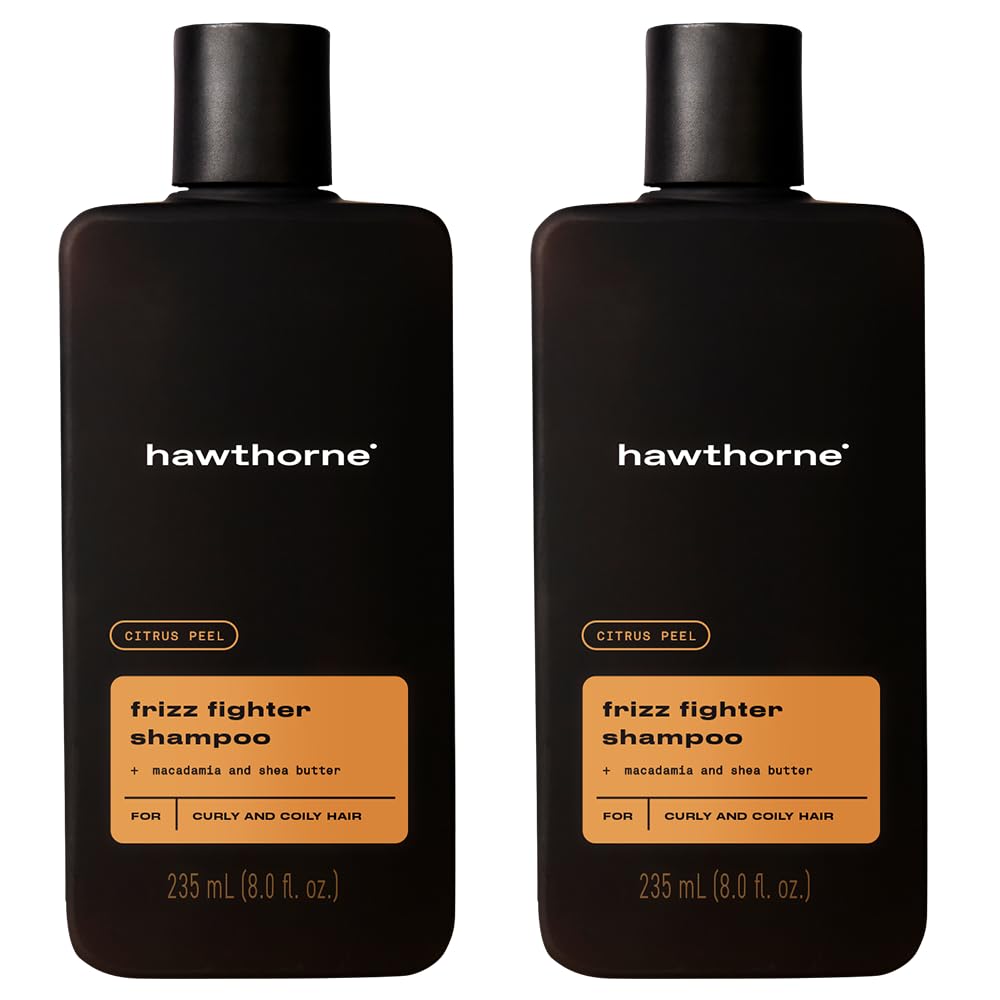 Hawthorne Frizz Fighter Shampoo bottle promotes smooth, hydrated curls.