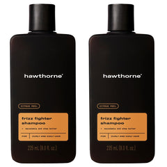 Hawthorne Frizz Fighter Shampoo bottle promotes smooth, hydrated curls.