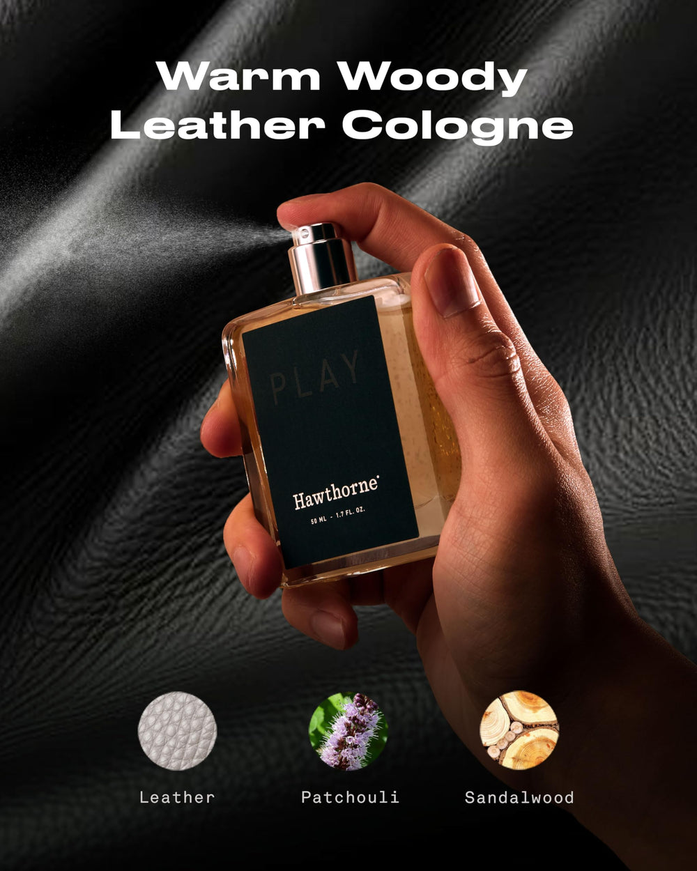 Hawthorne Leather Cologne patchouli note close-up emphasizing earthy sophistication.