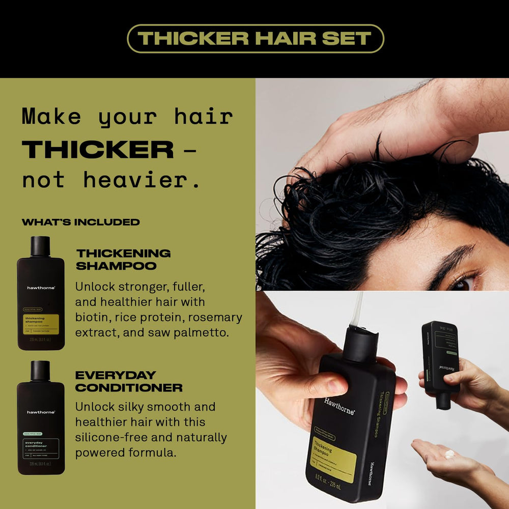 Hawthorne Thicker Hair Conditioner bottle highlighting hydration and smoother strands.