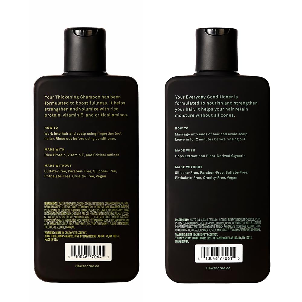 Hawthorne Thicker Hair daily-use routine on bathroom shelf.
