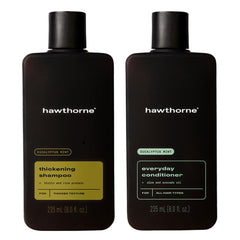 Hawthorne Thicker Hair Shampoo bottle with eucalyptus mint scent for refreshed, fuller-looking hair.