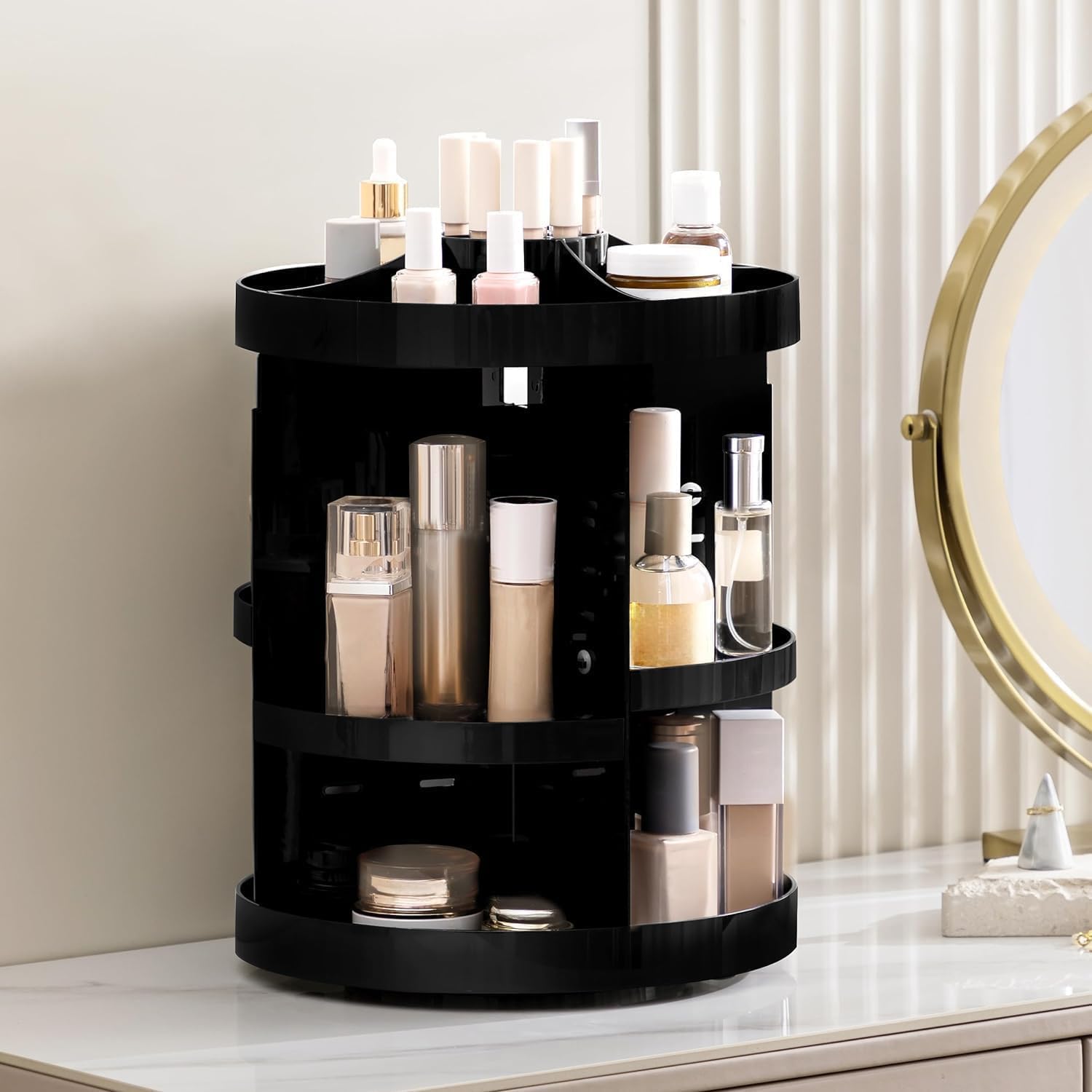 HBlife 360 rotating organizer on vanity demonstrates space-saving quick-grab organization