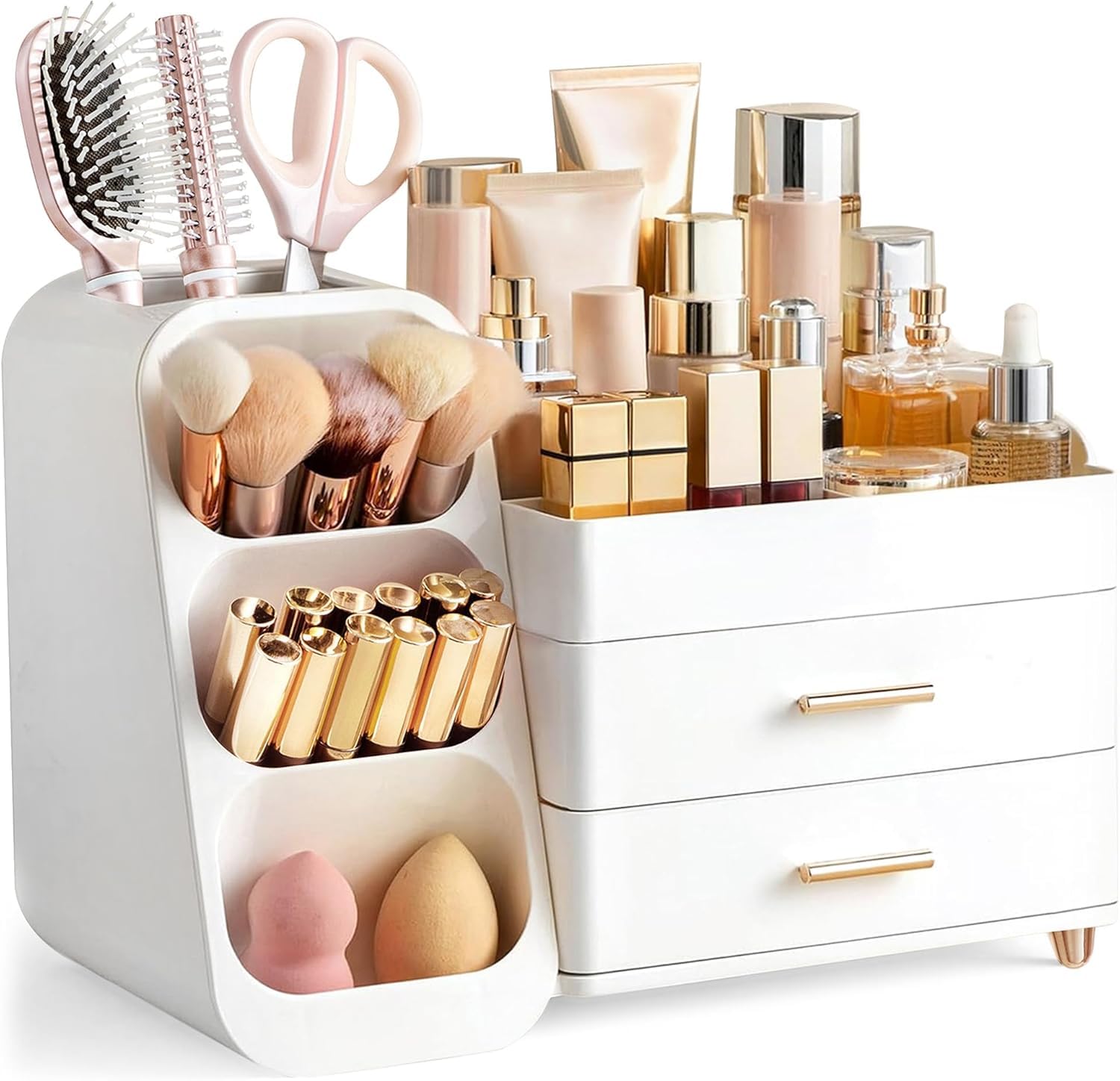 HBlife makeup organizer all-white front view for streamlined vanity organization.