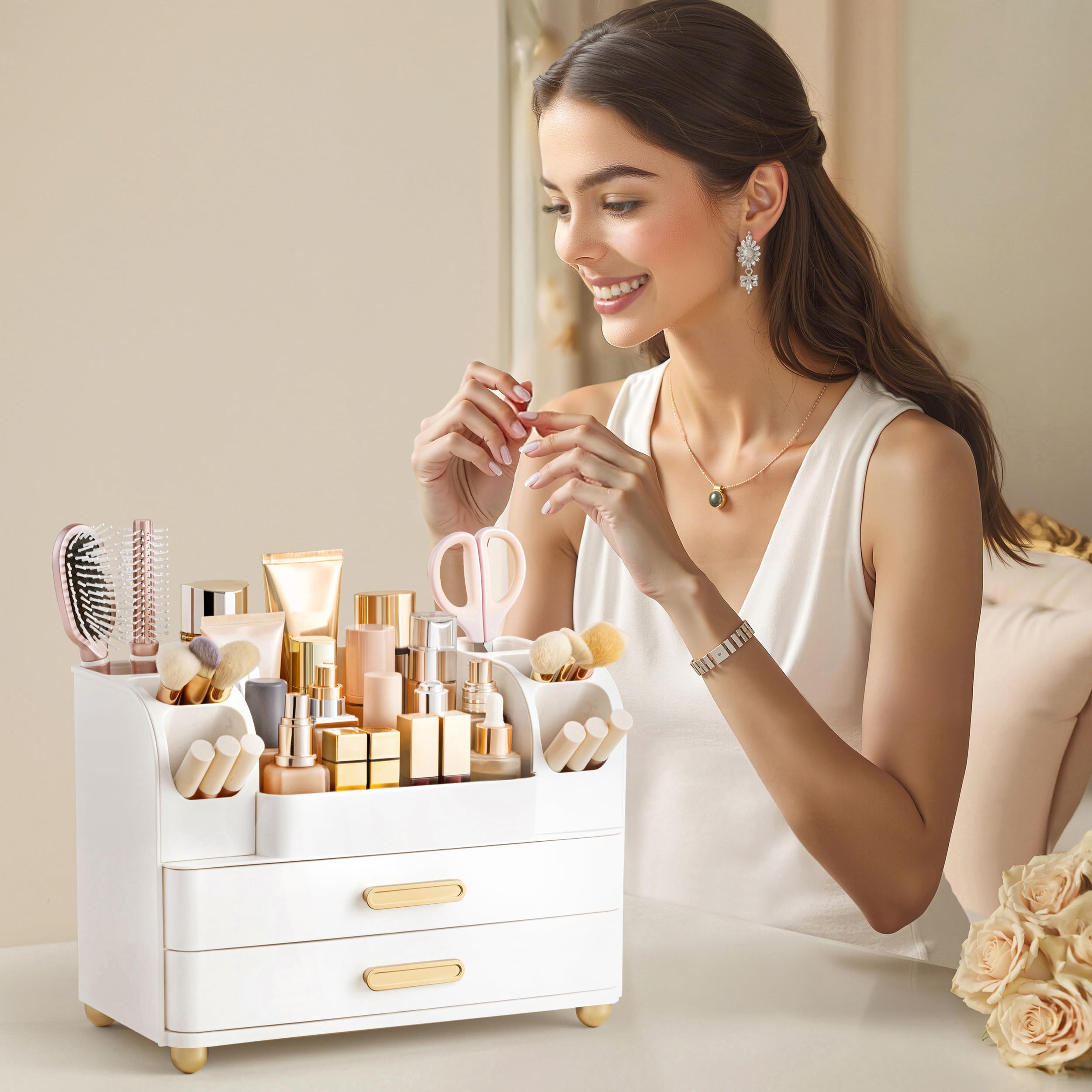 HBlife makeup organizer assembly is quick with snap-in drawer handles and non-slip feet.