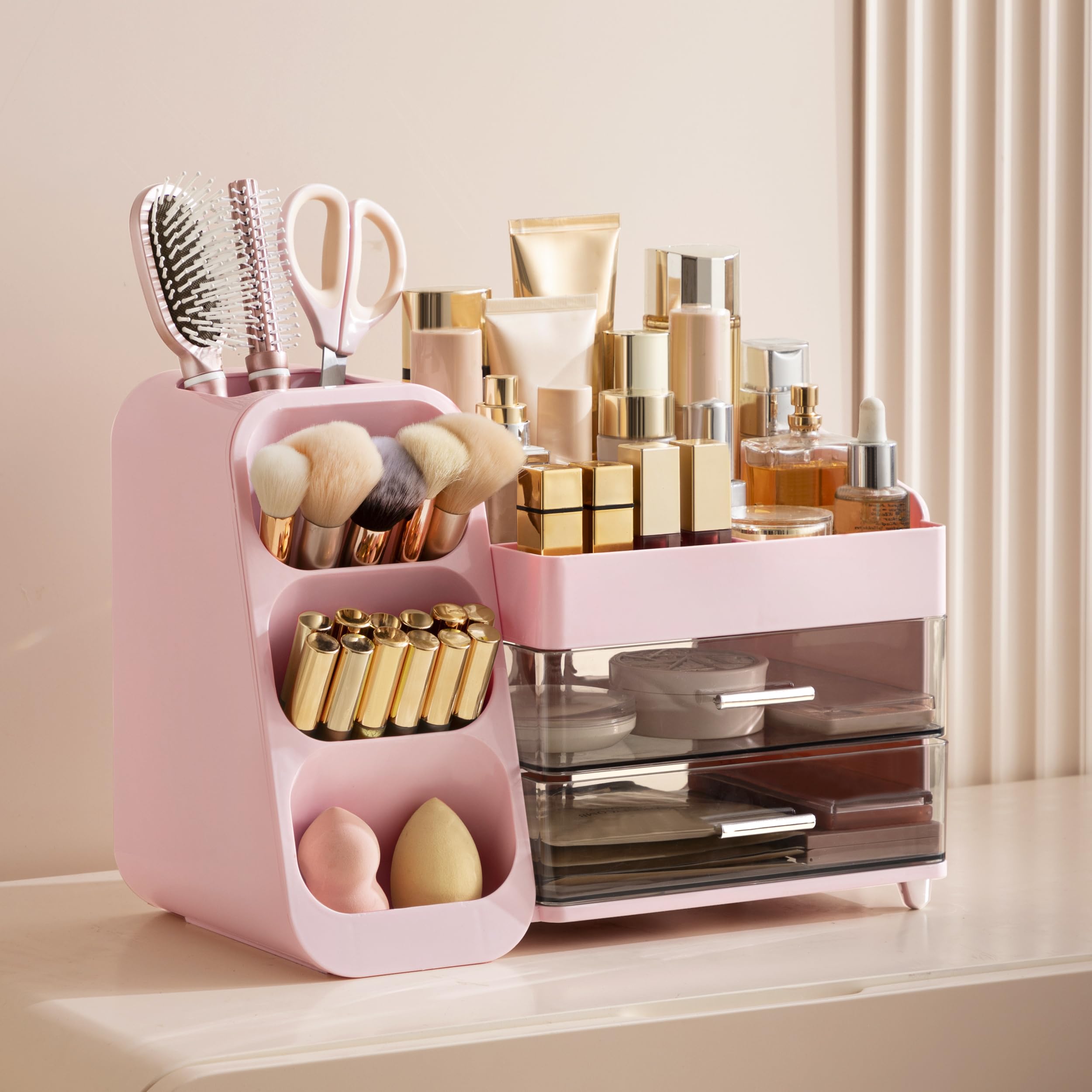 HBlife makeup organizer brush slots demonstrate quick grab-and-arrange.