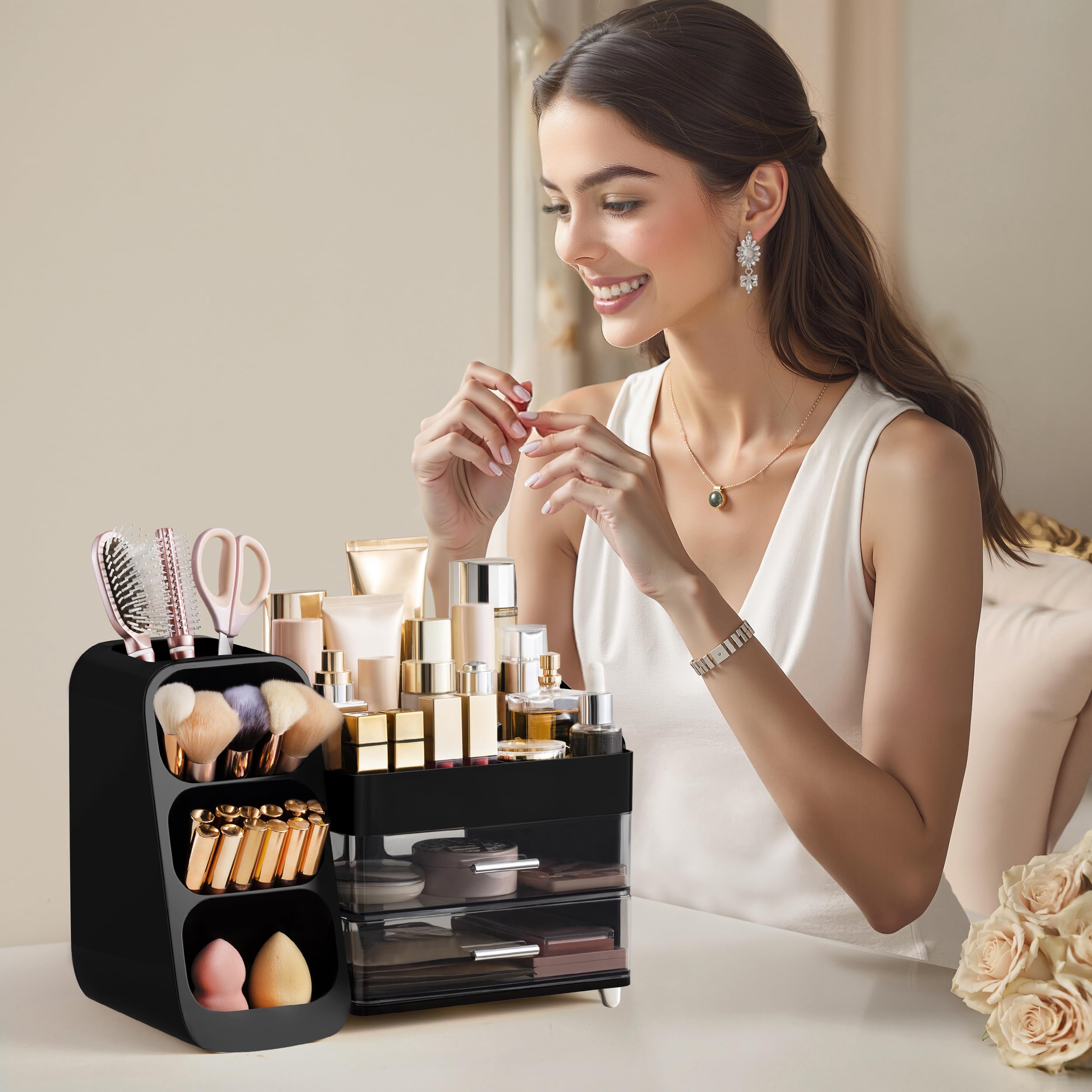 HBlife makeup organizer on bathroom counter boosts daily routine tidiness