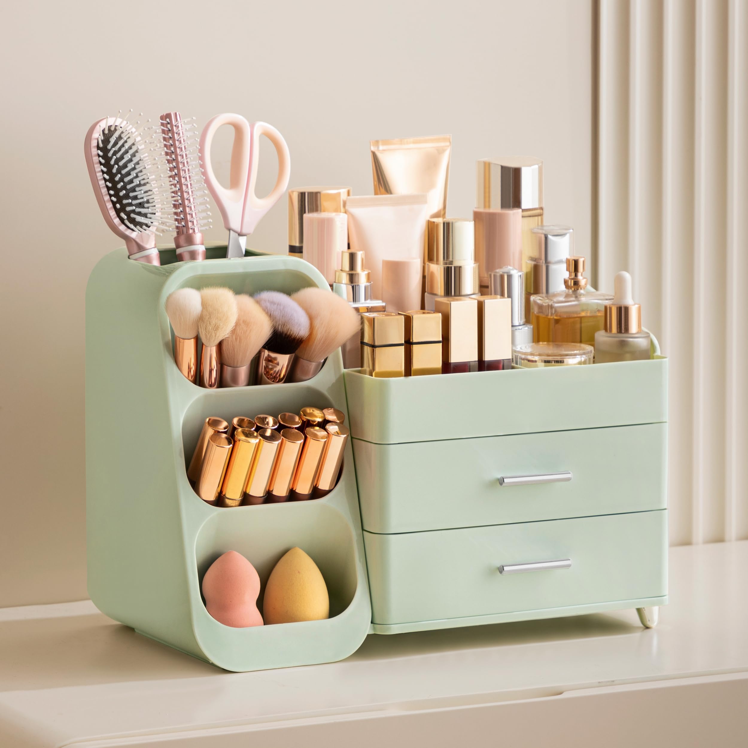 HBlife makeup organizer drawer close-up shows sturdy drawers for easy item separation.