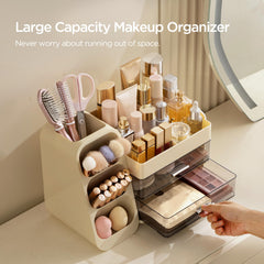 HBlife makeup organizer beige - open drawers show roomy storage for lipsticks and bottles.