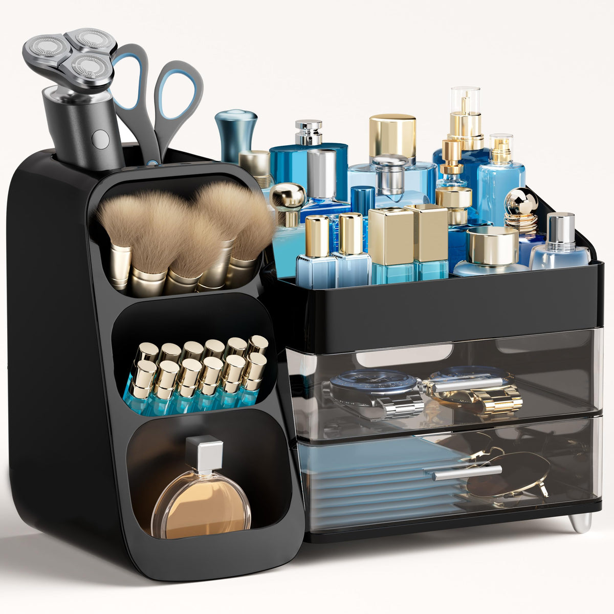HBlife makeup organizer in full vanity view for easy clutter-free storage