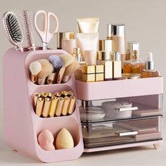 HBlife makeup organizer front view in pink, holds brushes and palettes for easy access.