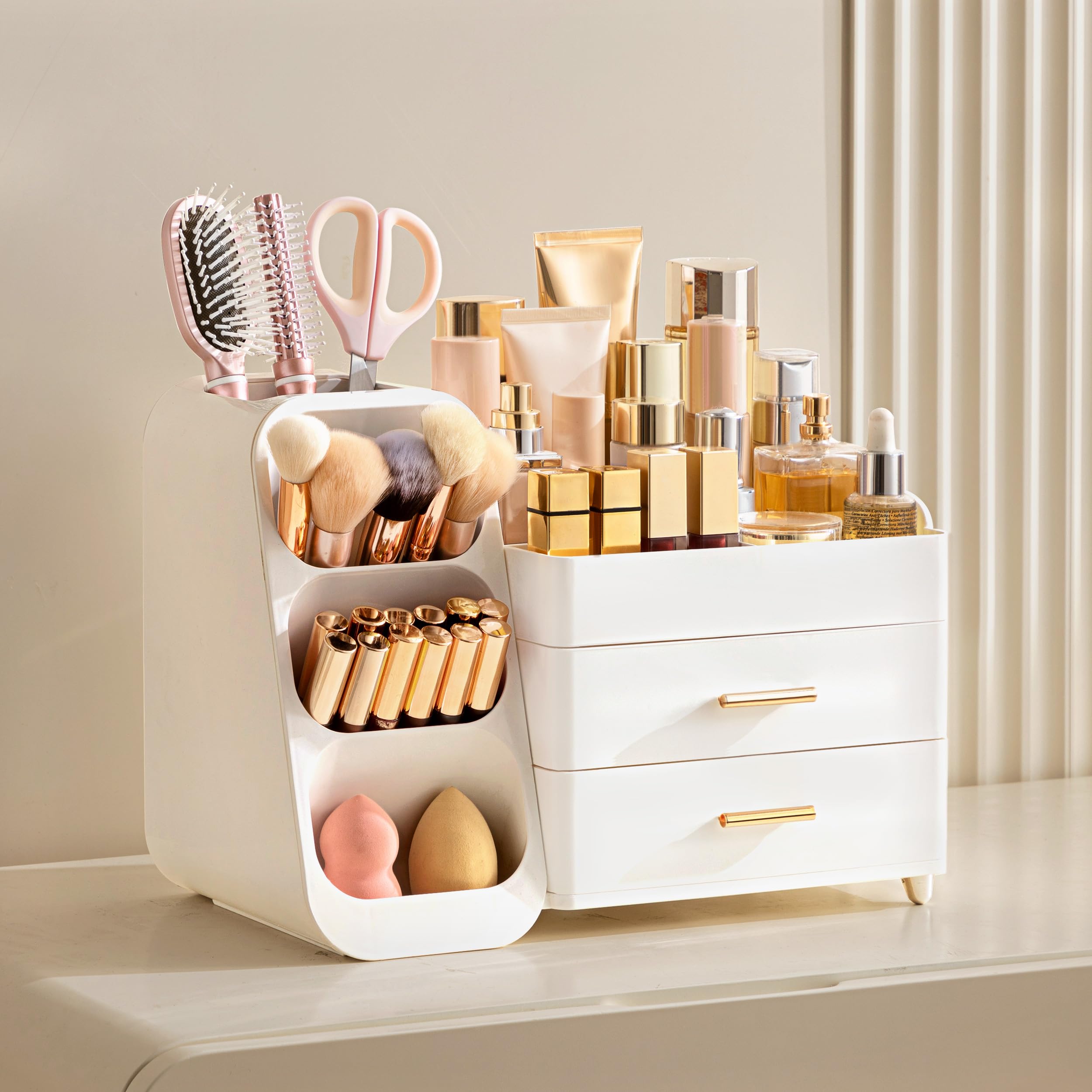 HBlife makeup organizer left brush slot closeup for quick tool access.