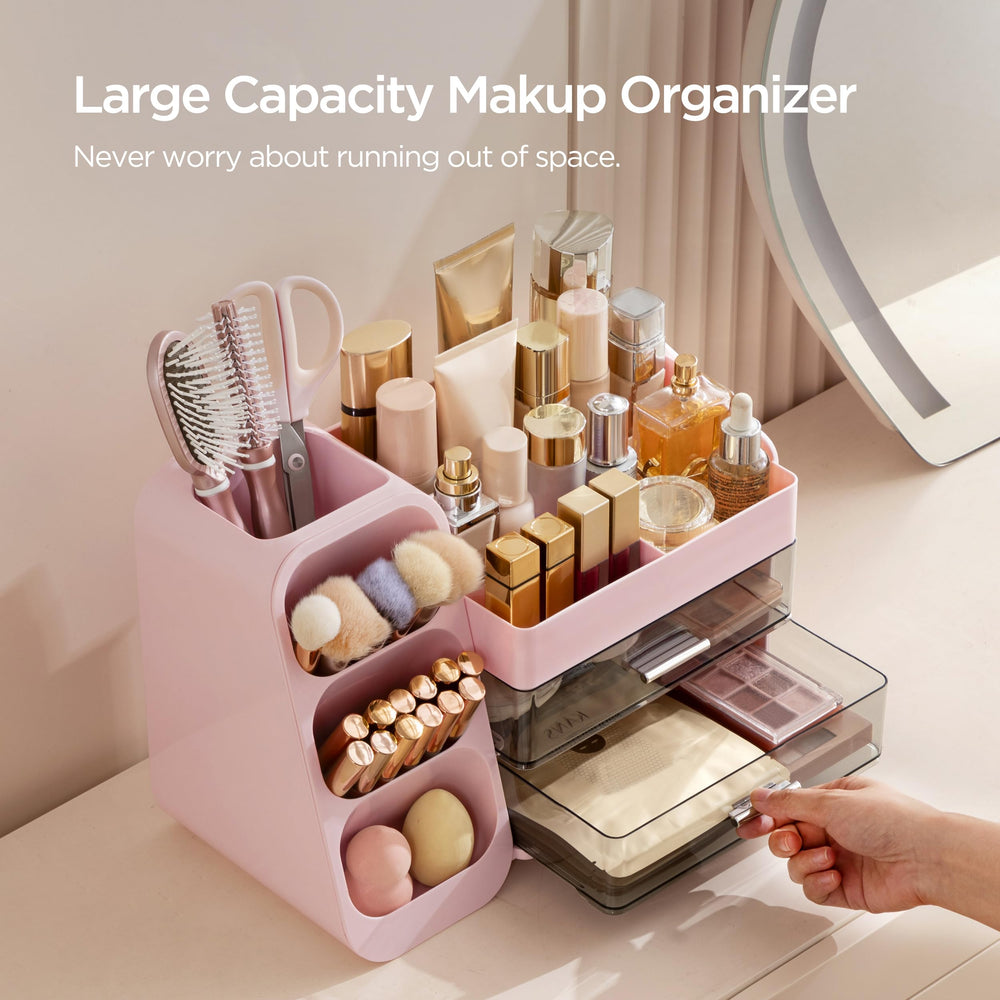 HBlife pink vanity storage displaying lipsticks, nail polishes, and perfumes neatly.