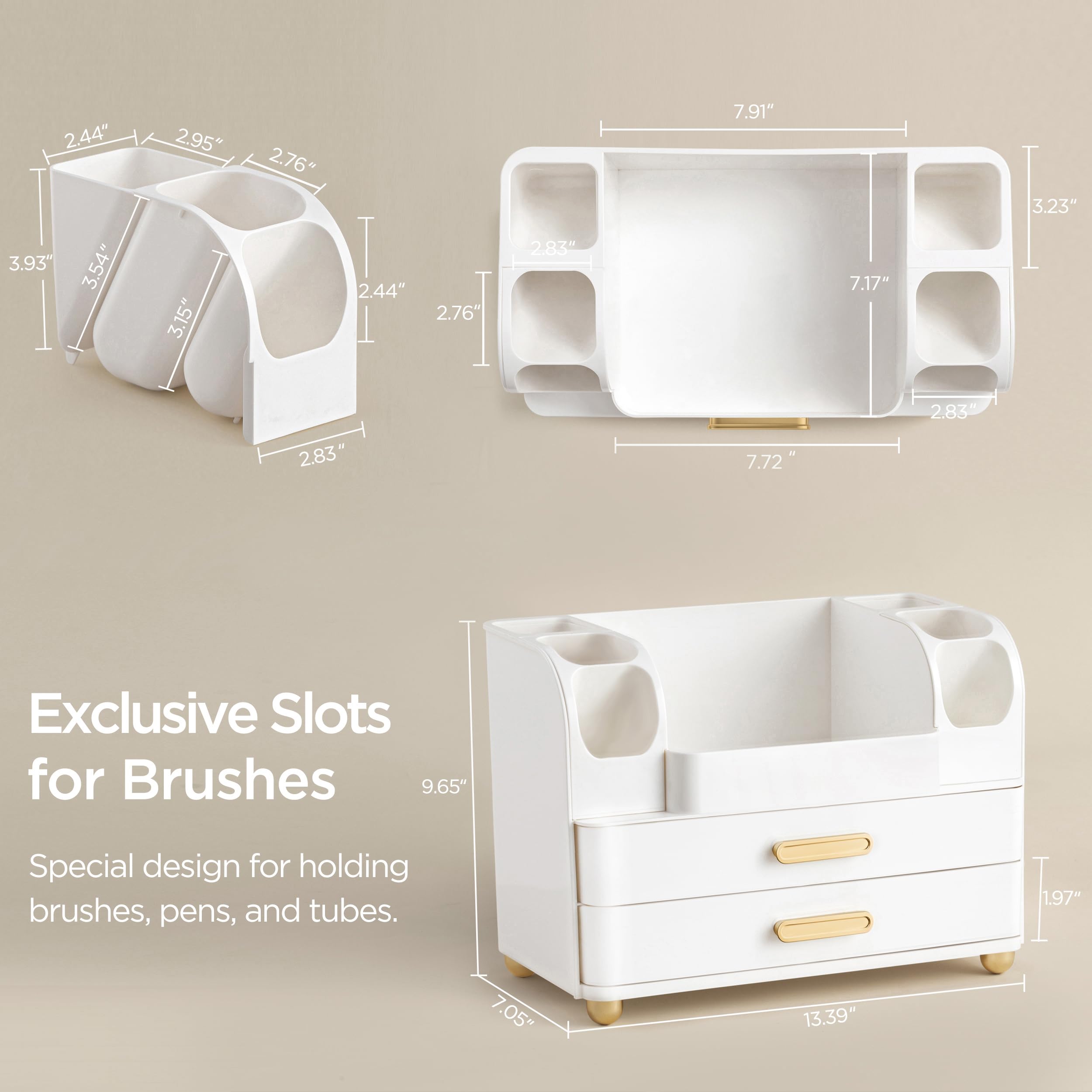 HBlife makeup organizer side slots hold brushes and tubes for easy identification.