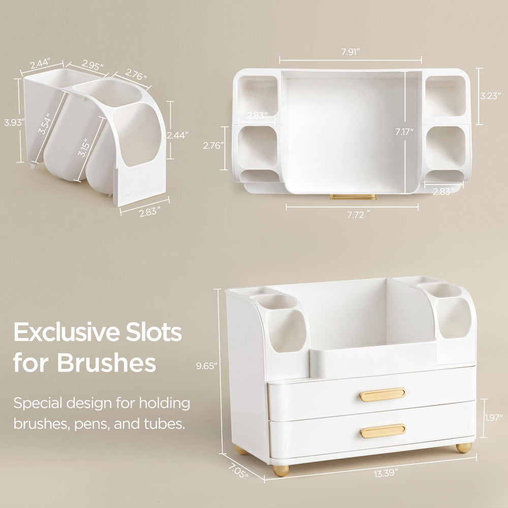 HBlife makeup organizer side slots hold brushes and tubes for easy identification.