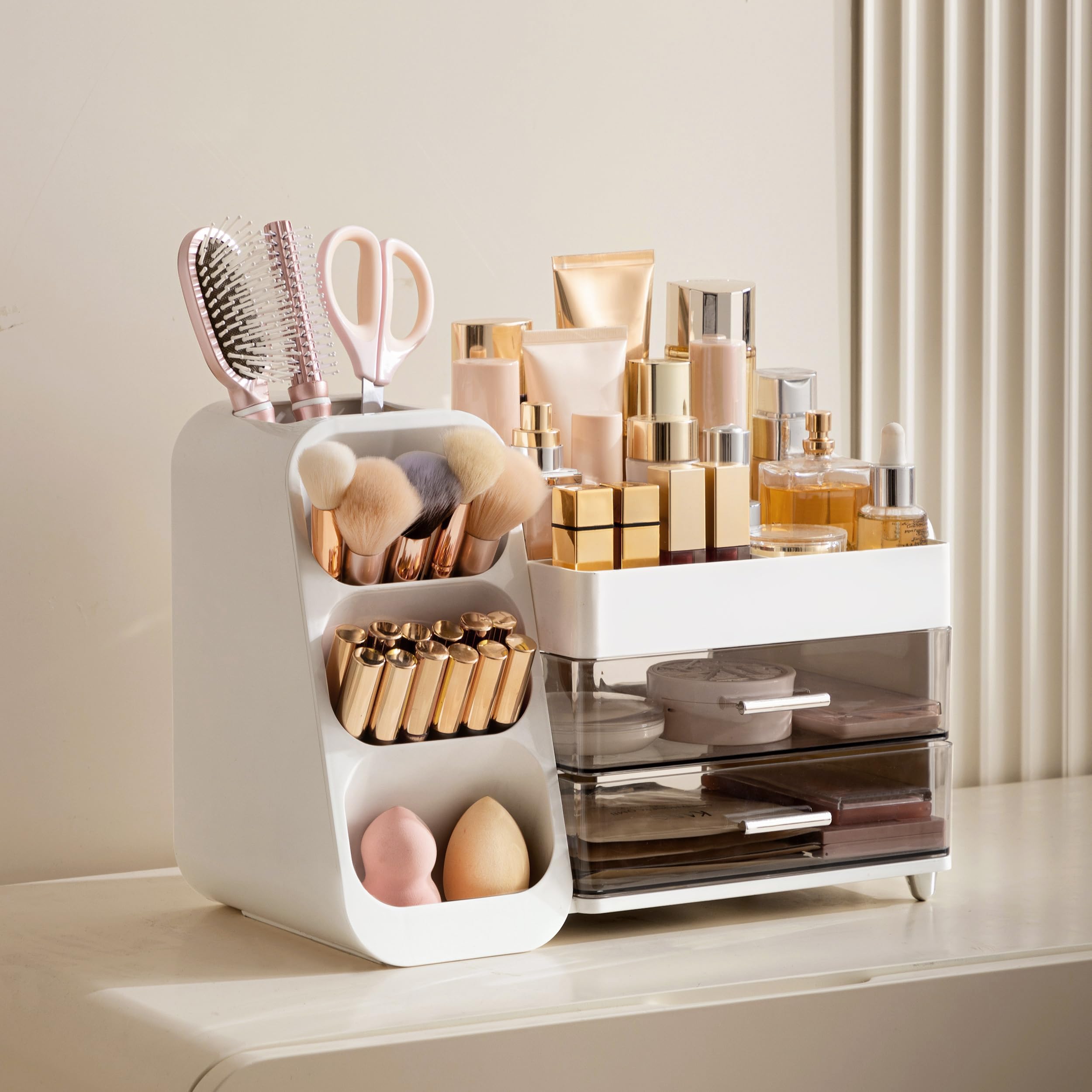 HBlife makeup organizer with two drawers stores cosmetics neatly, reducing clutter