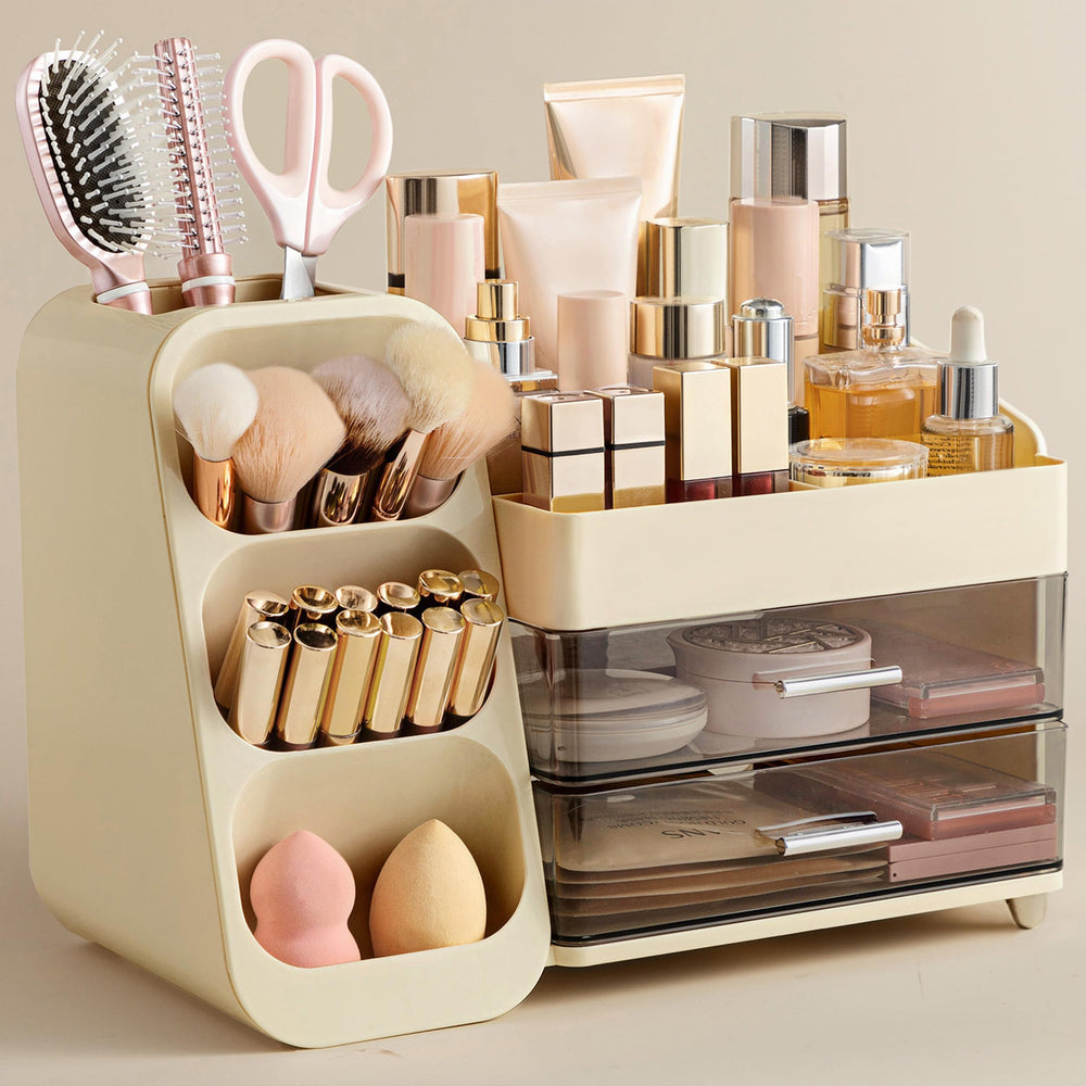 HBlife makeup organizer vanity beige - front view shows easy access to brushes and palettes.