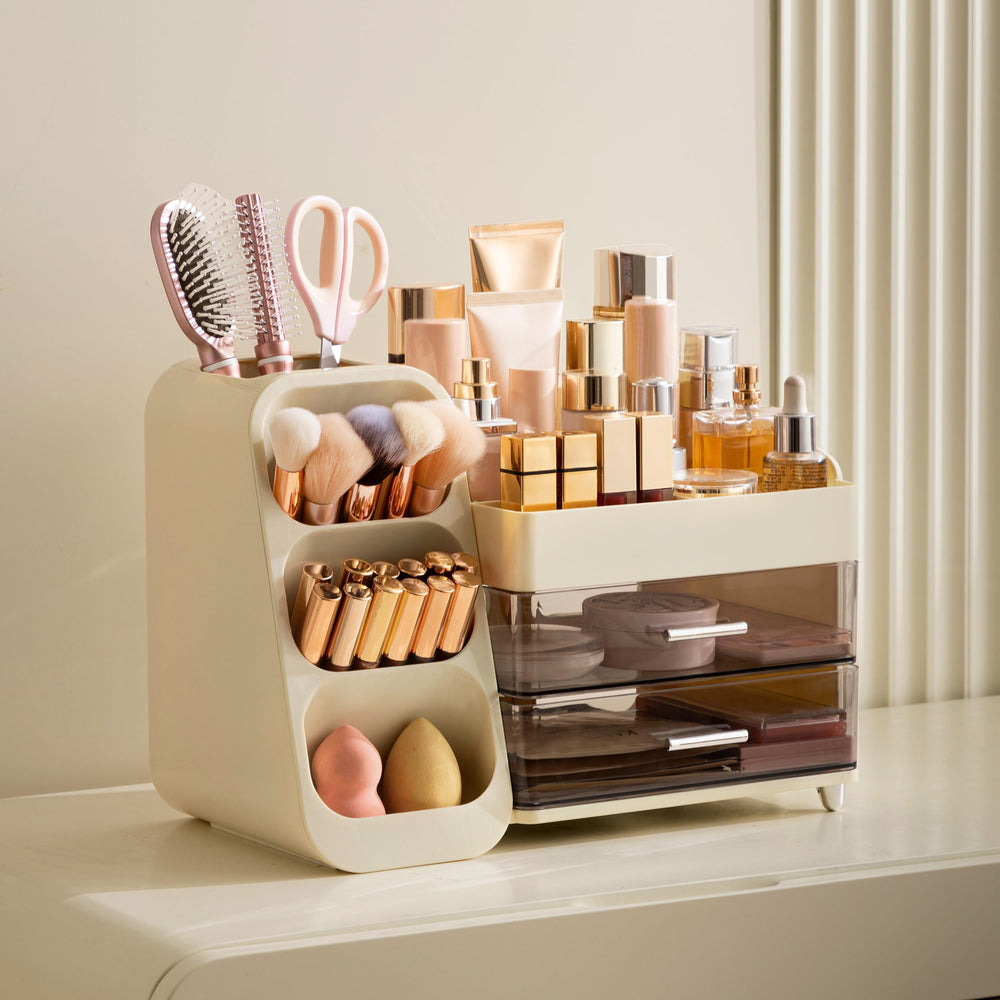 HBlife makeup organizer vanity beige - top view highlights multiple compartments for cosmetics storage.